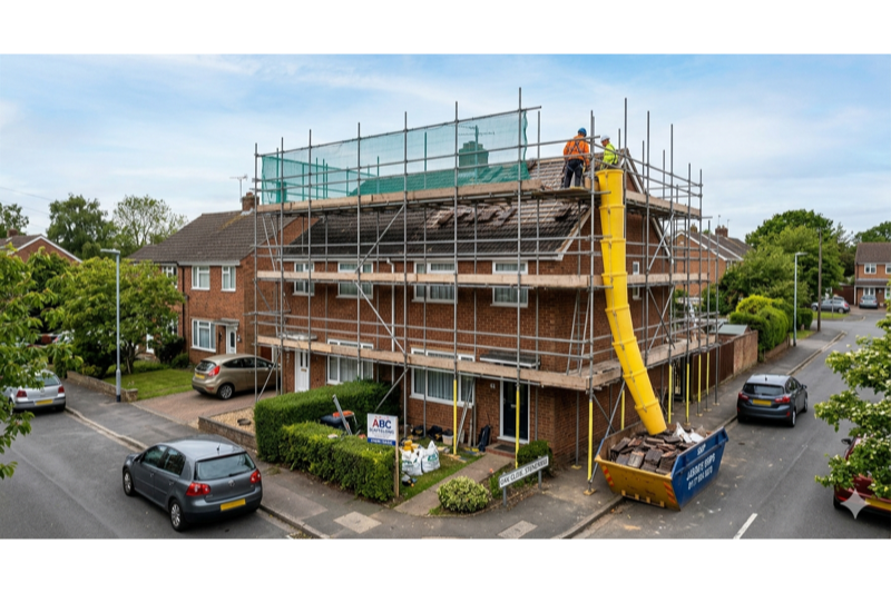 QPH Roofing roof repairs with scaffolding on residential property in South England